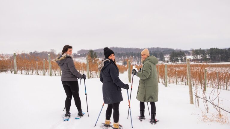 Three female snowshoers on a snow covered winery trail during Snow on the Vines