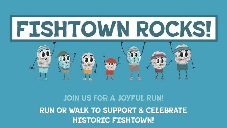 Flyer with cartoon character runners advertising the Fishtown Rocks 5K