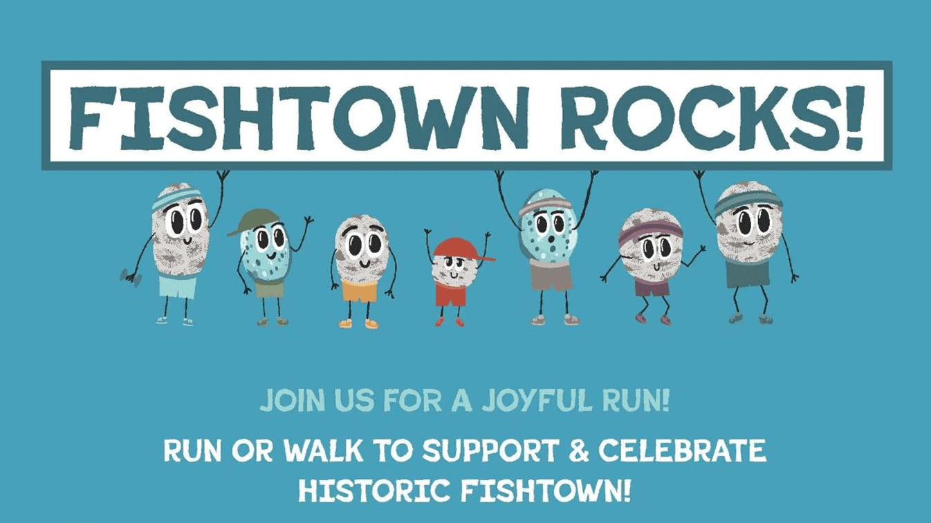 Flyer with cartoon character runners advertising the Fishtown Rocks 5K