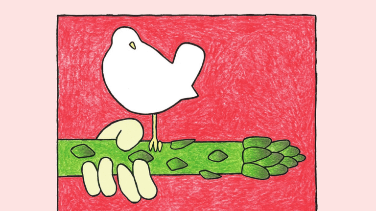 White bird perched on an asparagus guitar forming the logo for the Empire Asparagus Festival