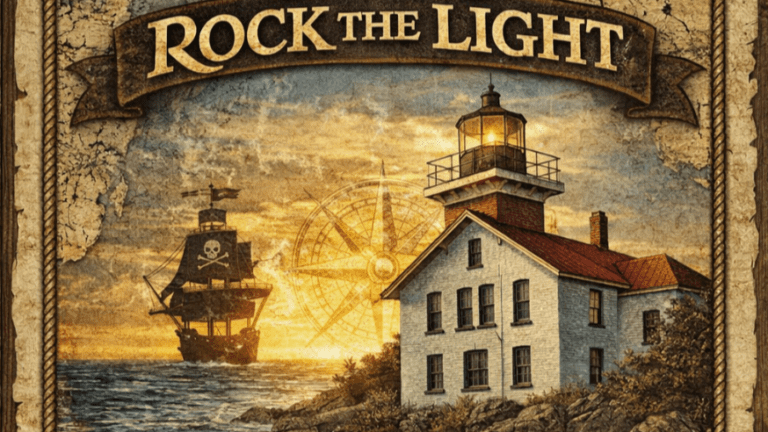 Logo for Rock the Light foot race showing pirate ship and Grand Traverse Lighthouse
