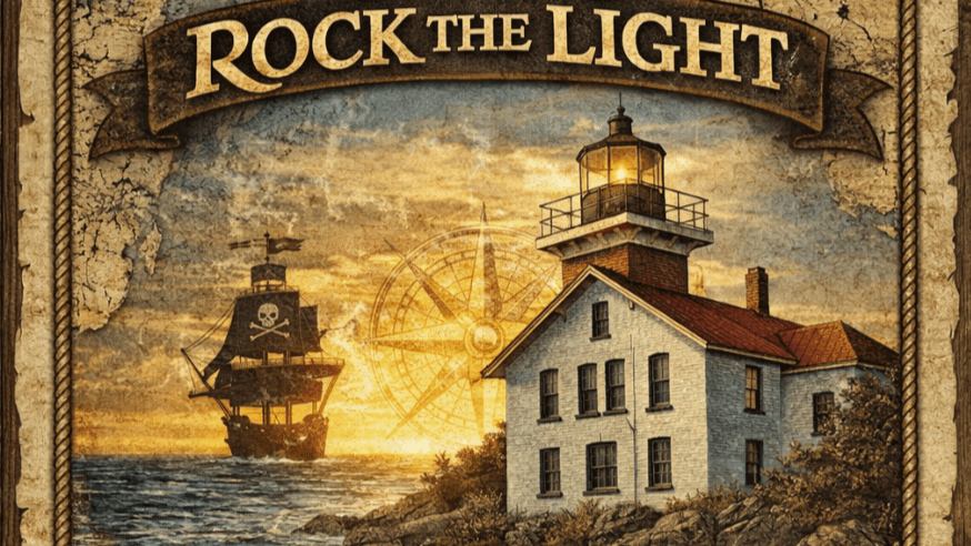 Logo for Rock the Light foot race showing pirate ship and Grand Traverse Lighthouse