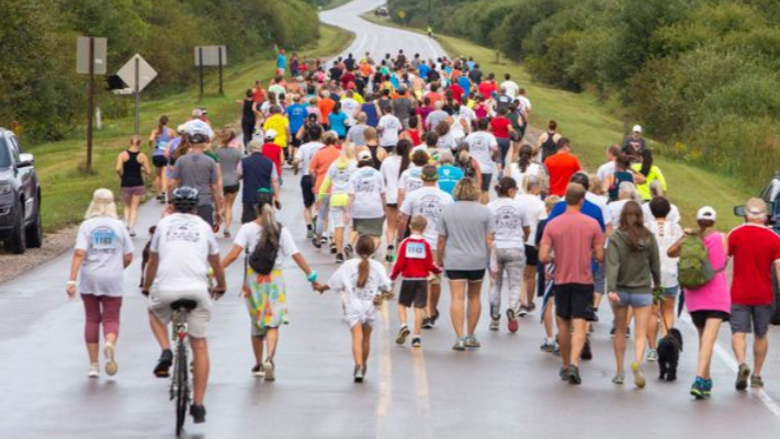 Participants starting out down the road during the Run 4 the Kielbasa race.