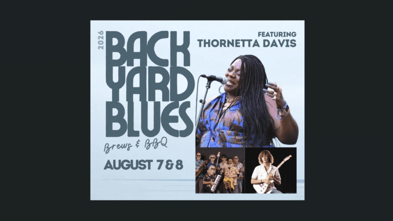 Poster image featuring blues singer Thornetta Davis belting a song into a microphone