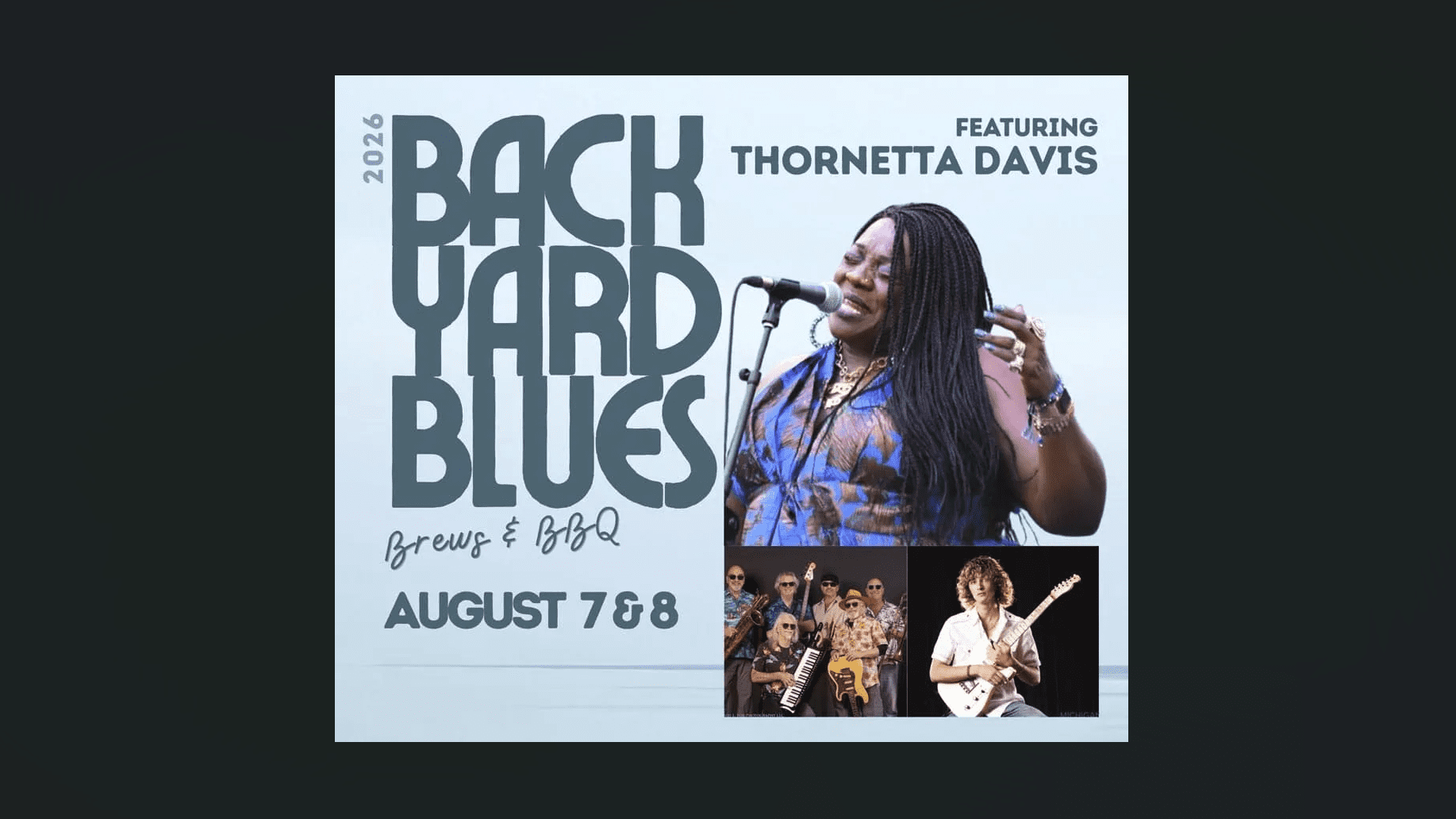 Poster image featuring blues singer Thornetta Davis belting a song into a microphone